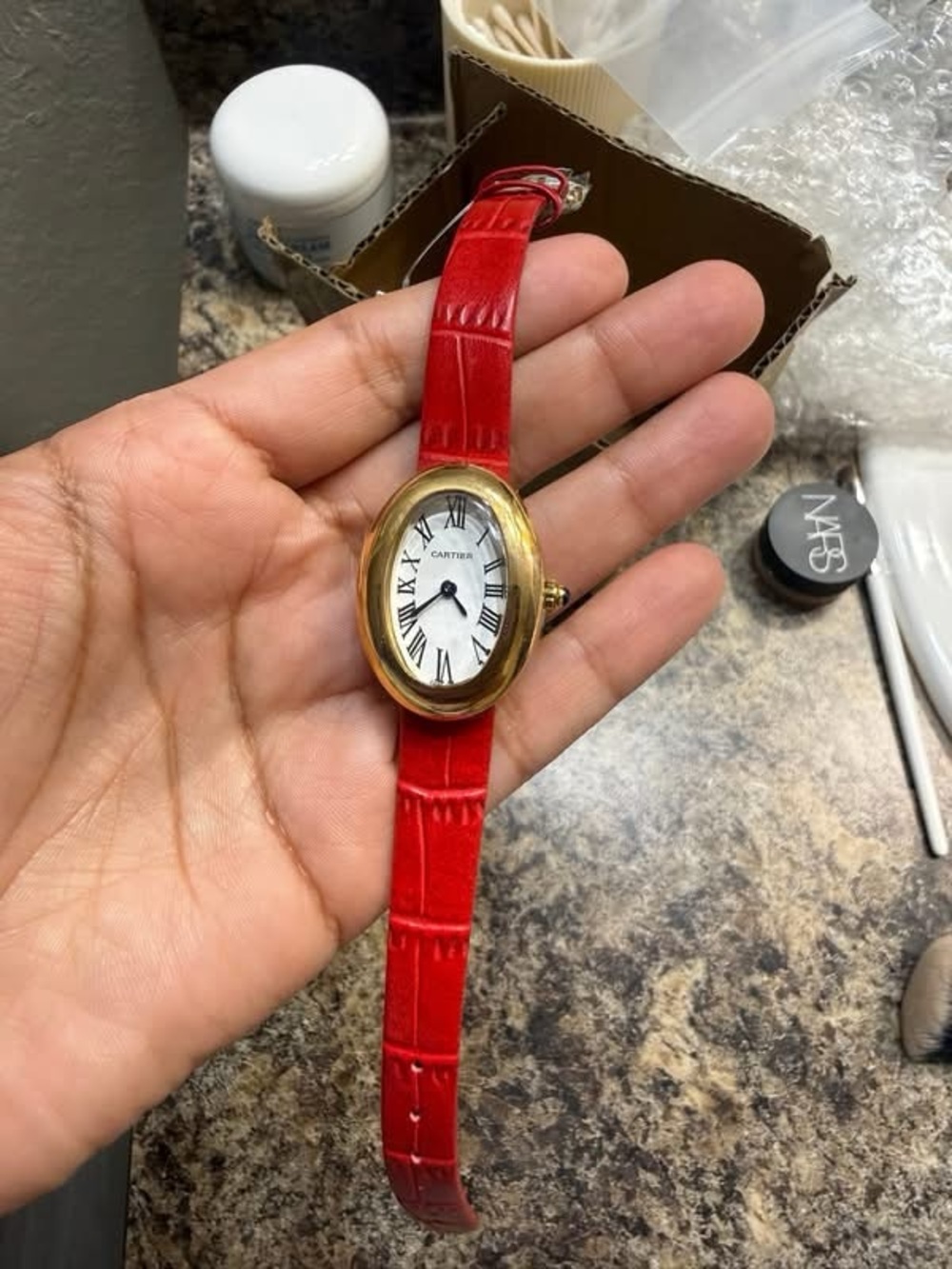 DESIGNER INSPIRED Gold Oval Watch with Red Leather Strap